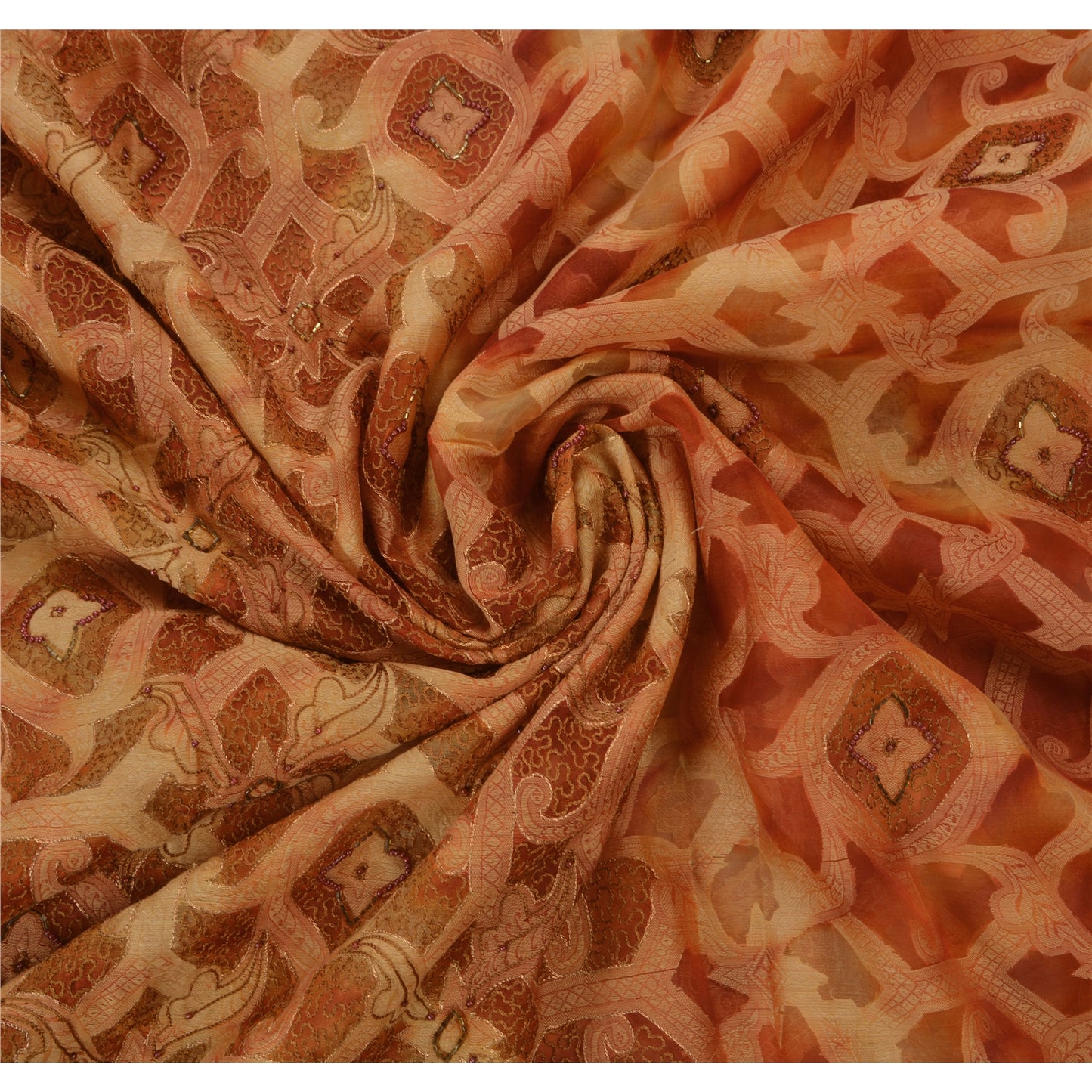 Sanskriti Vintage Saree 100% Pure Organza Silk Hand Beaded Woven Sustainable Fabric Premium Sari