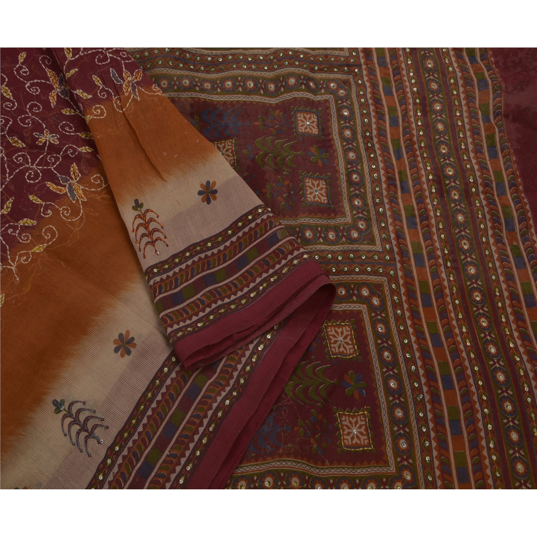 Saree 100% Pure Cotton Hand Embroidered Fabric Kantha Sari