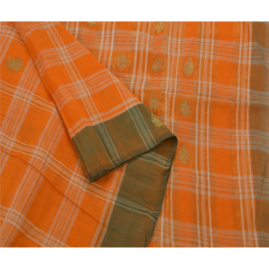 Indian Saree 100% Pure Cotton Woven Craft Fabric Orange Sari