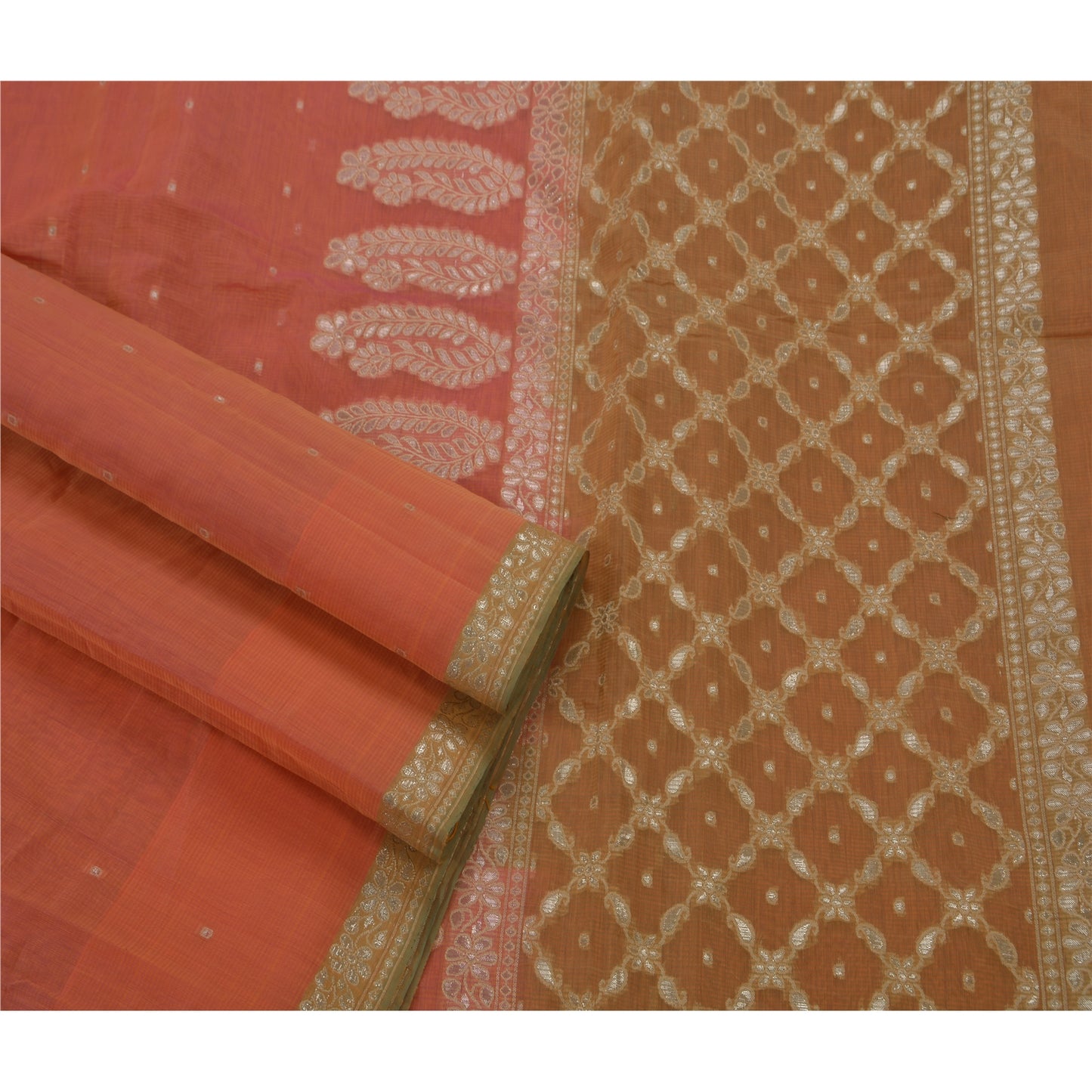 Sanskriti Vintage Indian Saree Silk Blend Woven Peach Craft Sustainable Fabric Premium Sari