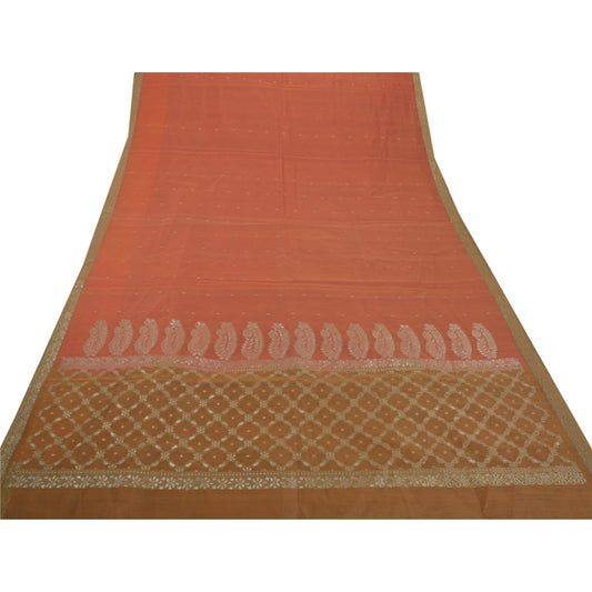 Sanskriti Vintage Indian Saree Silk Blend Woven Peach Craft Sustainable Fabric Premium Sari