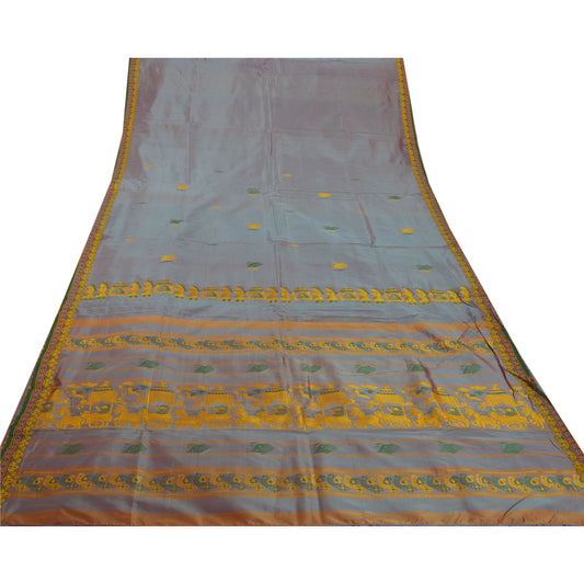 Sanskriti Vintage Indian Saree Art Silk Woven Green Craft Sustainable Fabric Premium Sari