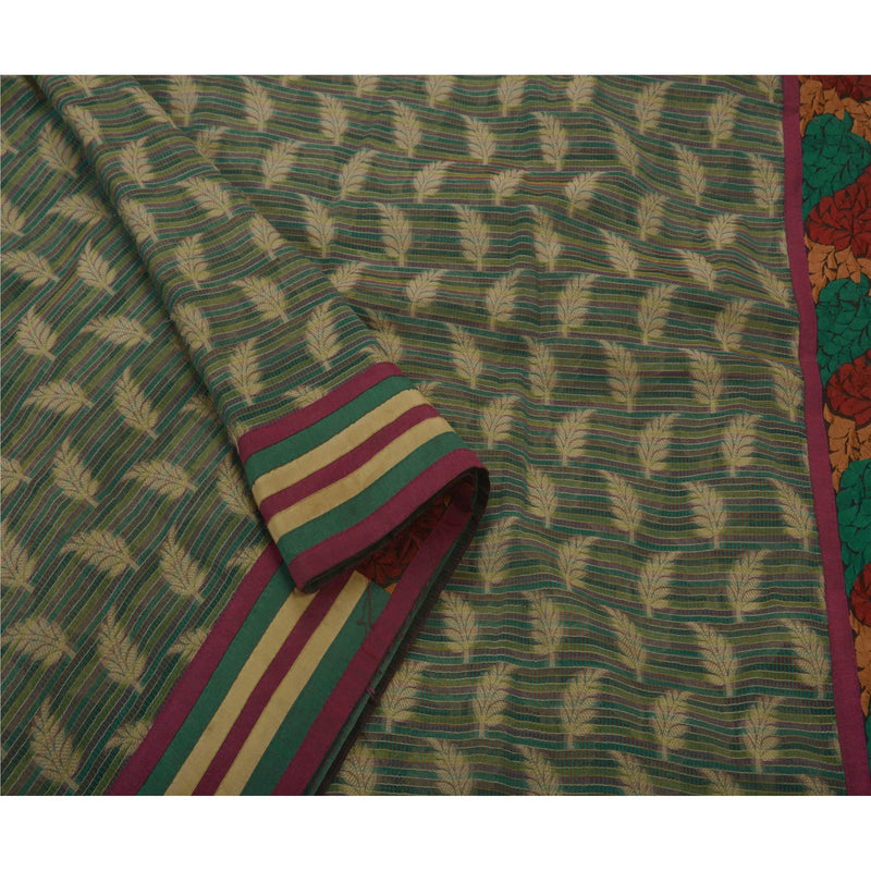 Sanskriti Vintage Art Silk Sari: Green Hand Woven Floral Fabric, 5Yd Wedding Craft Supplie Create- Upcycled Sarongs, Scarves, or Stoles