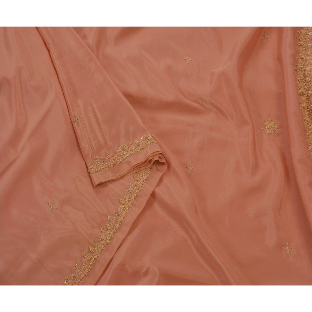 Sanskriti Antique Vintage Peach Saree Art Silk Hand Embroidery Fabric Premium Sari
