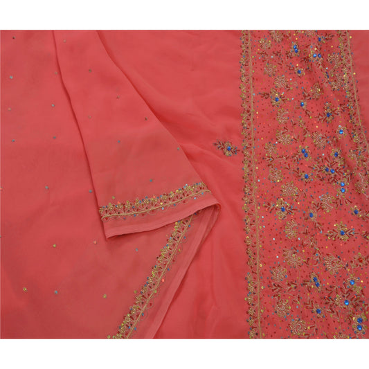 Sanskriti Vintage Saree Georgette Hand Beaded Pink Sustainable Fabric Premium Ethnic Sari