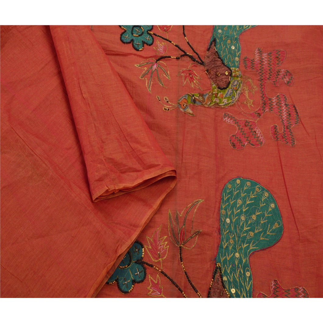 Sanskriti Vintage Peach Indian Saree Blend Cotton Hand Beaded Craft Fabric Sari