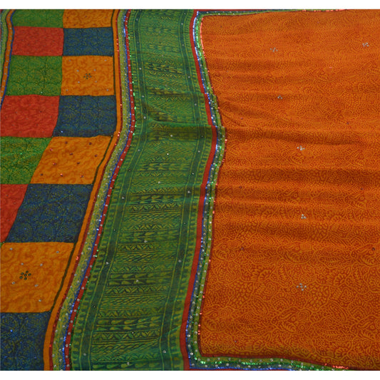 Sanskriti Vintage Indian Saree 100% Pure Georgette Silk Hand Beaded Sustainable Fabric Sari