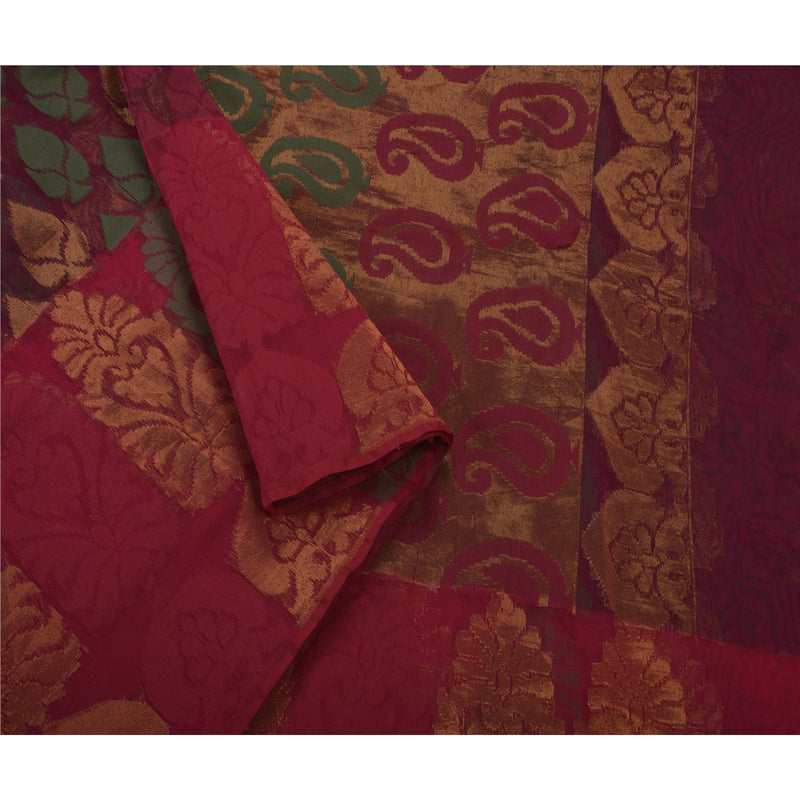 Sanskriti Vintage Sari Kunstsilke Vævet Mørkerød Håndværk Bæredygtigt Stof Premium Blomster Sari