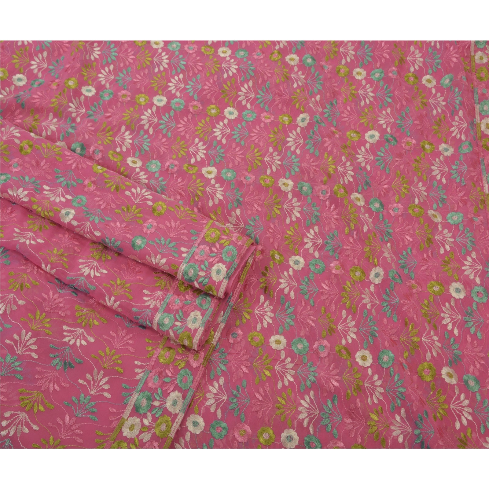 Sanskriti Vintage Sari Georgette Broderet Pink Bæredygtigt Stof Premium Etnisk Sari