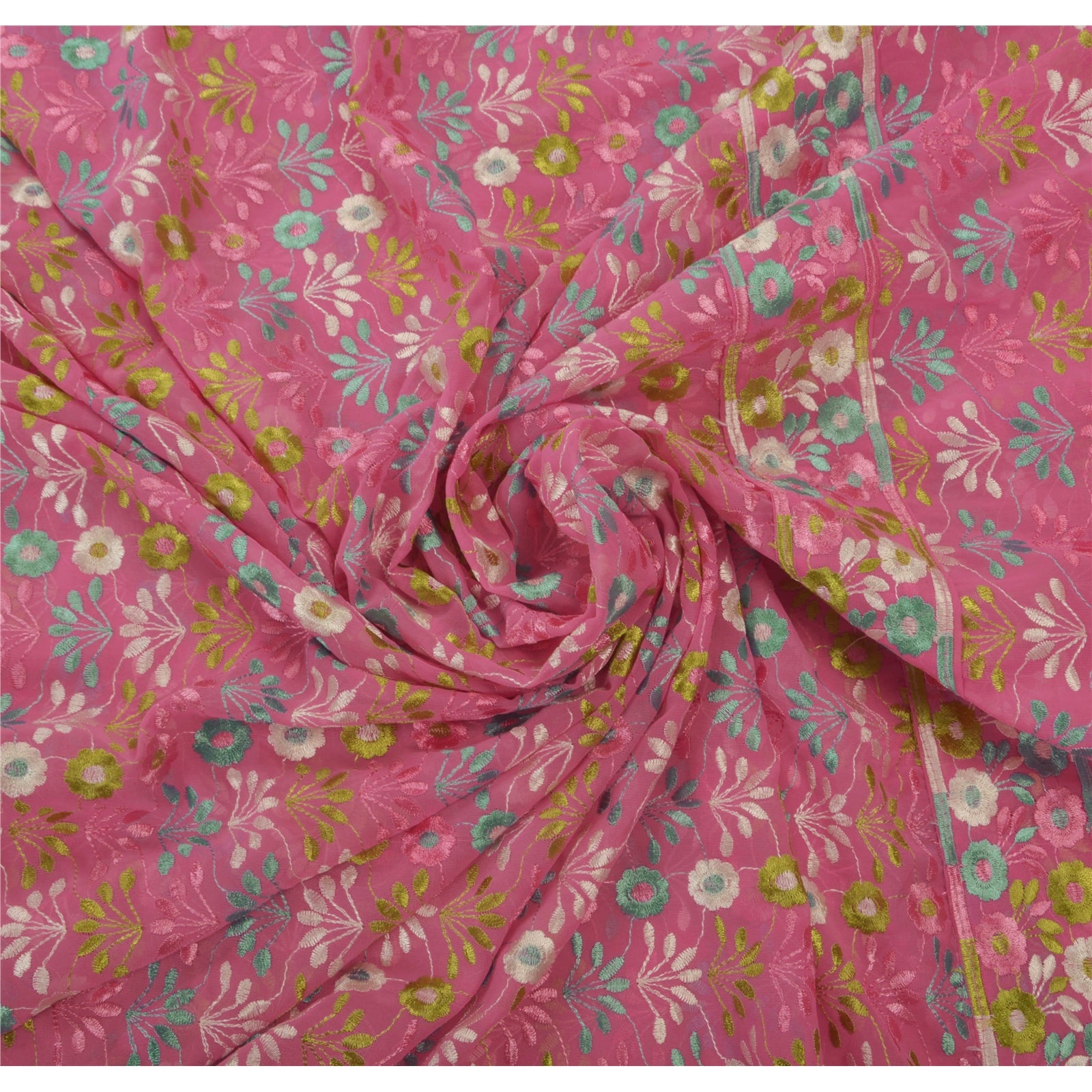 Sanskriti Vintage Sari Georgette Broderet Pink Bæredygtigt Stof Premium Etnisk Sari