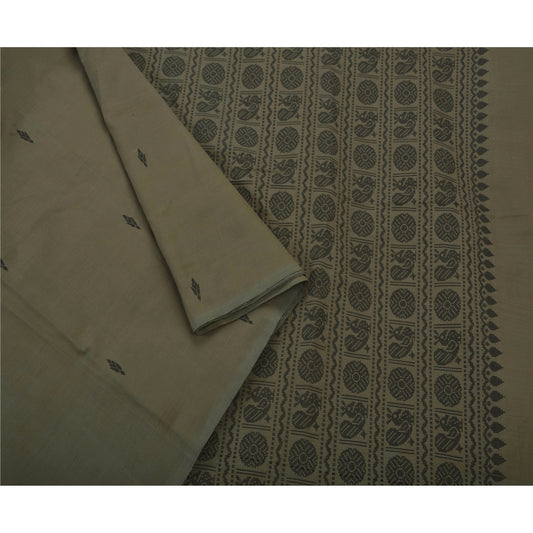 Sanskriti Vintage Antique Saree Cotton Woven Grey Sustainable Fabric Premium Sari Peacock