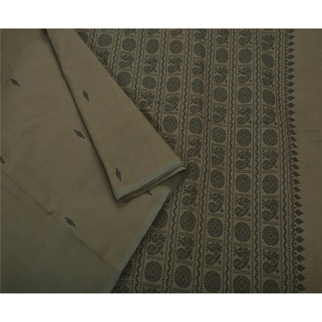 Sanskriti Antique Vintage Saree Cotton Woven Grey Fabric Premium Sari Peacock