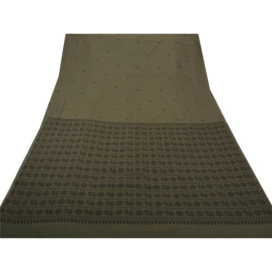 Sanskriti Vintage Antique Saree Cotton Woven Grey Sustainable Fabric Premium Sari Peacock