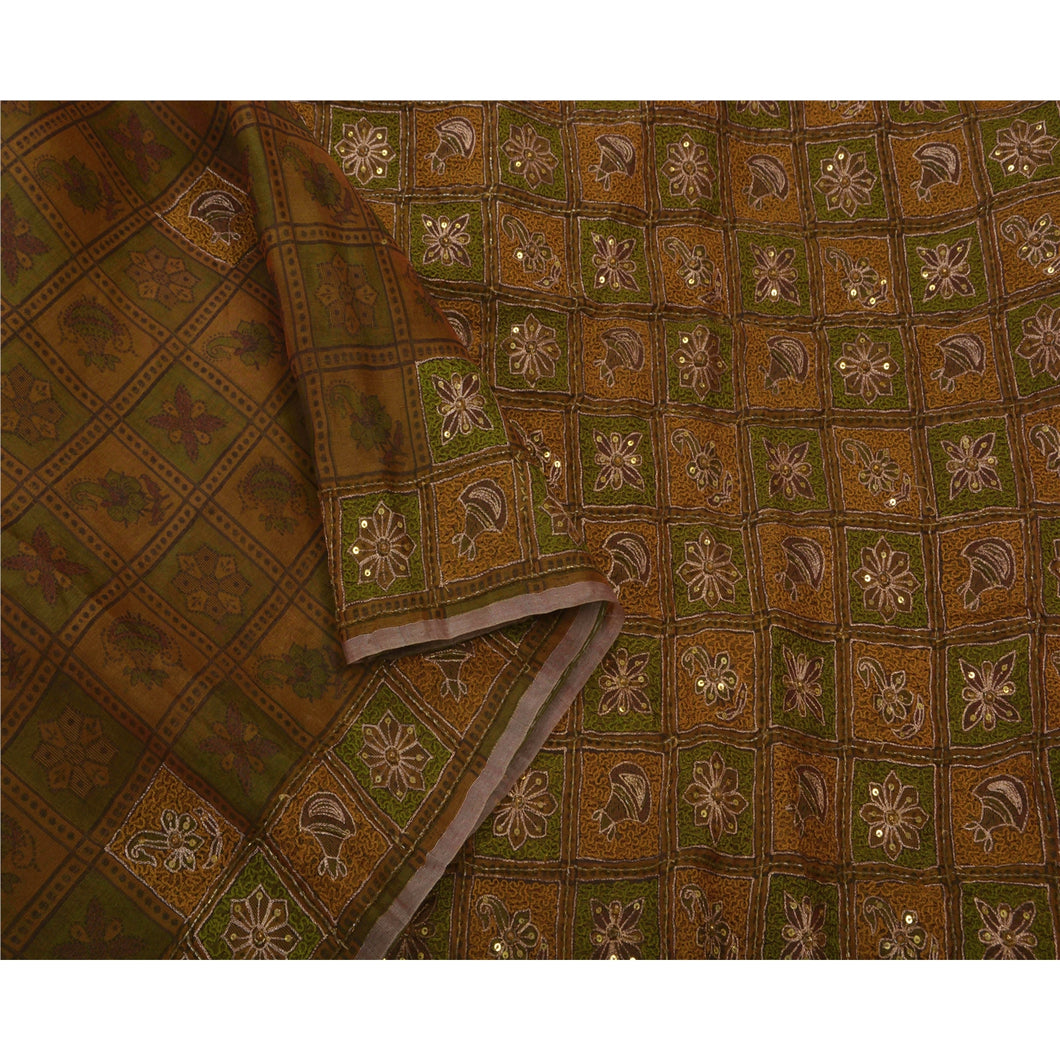 Antique Vintage Saree Pure Organza Silk Hand Embroidery Fabric Premium Sari