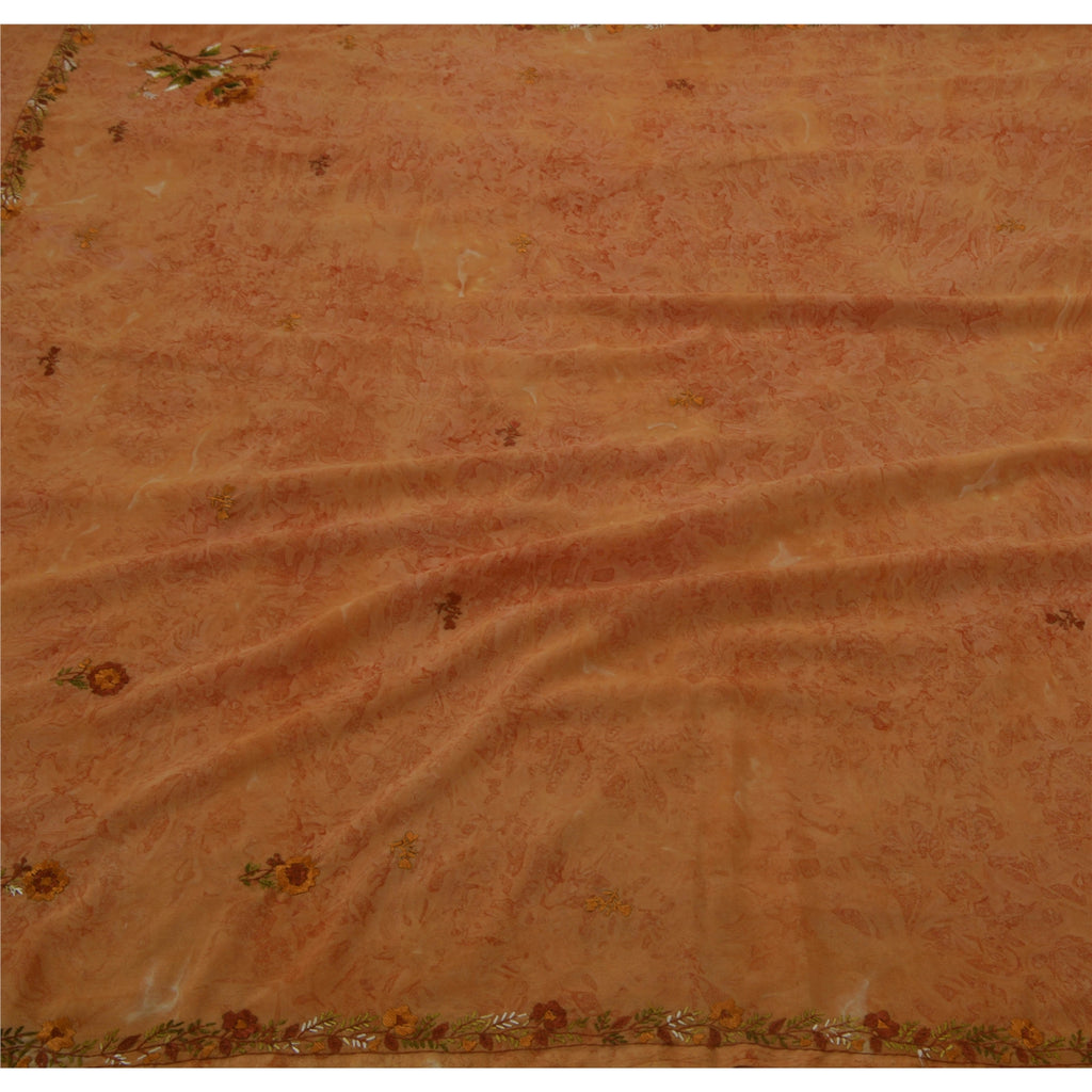 Sanskriti Vintage Georgette Sari Fabric: Hand Embroidered Orange Floral 5Yd Crafters & Upcyclers, Indian Eco-Friendly For DIY Projects