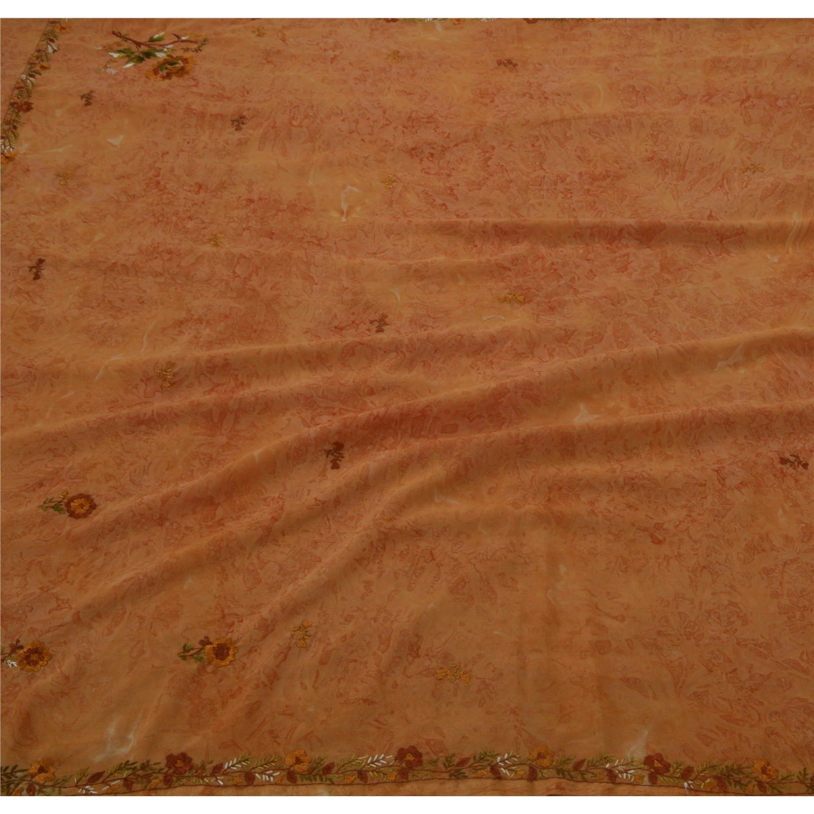 Sanskriti Vintage Georgette Sari Fabric: Hand Embroidered Orange Floral 5Yd Crafters & Upcyclers, Indian Eco-Friendly For DIY Projects