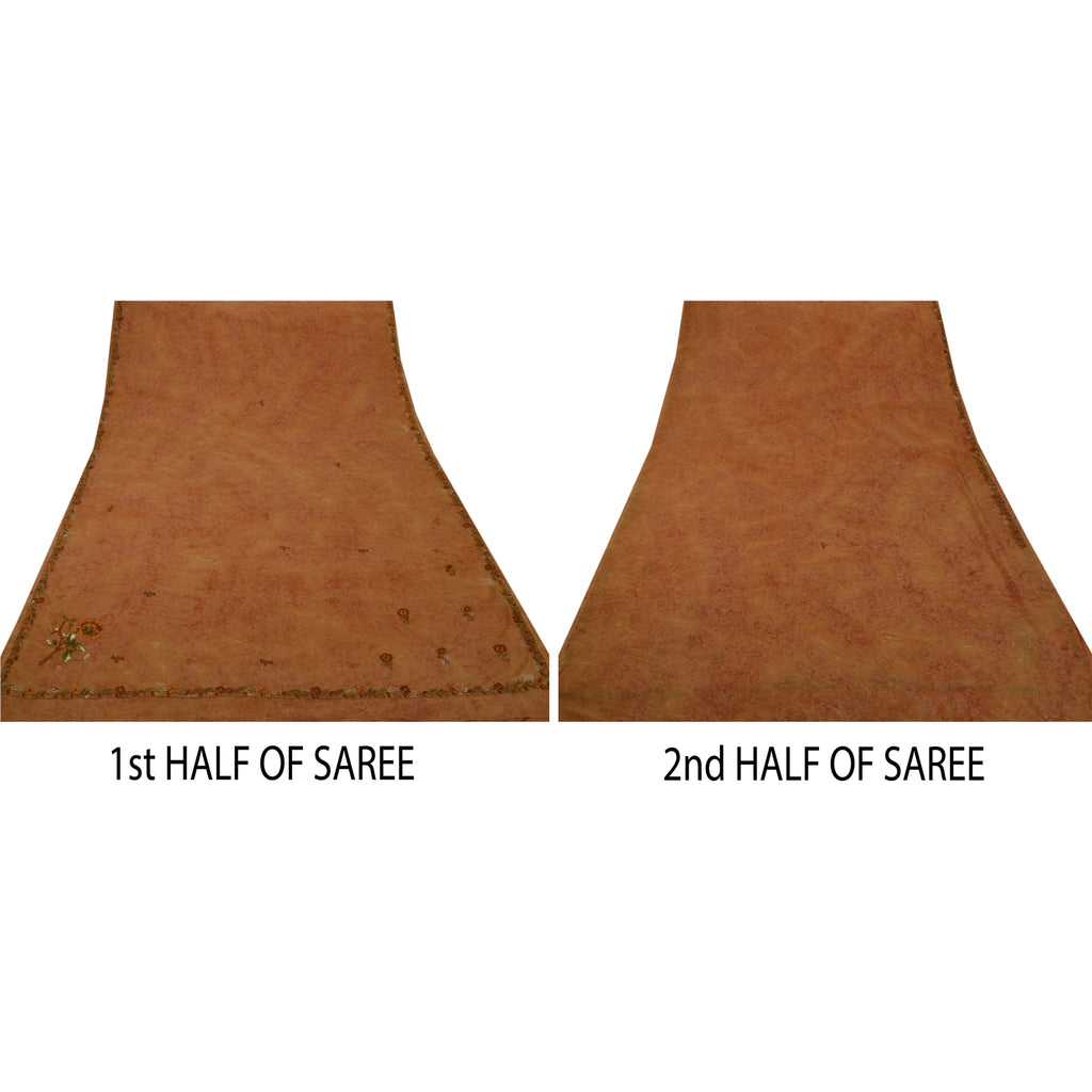 Sanskriti Vintage Georgette Sari Fabric: Hand Embroidered Orange Floral 5Yd Crafters & Upcyclers, Indian Eco-Friendly For DIY Projects