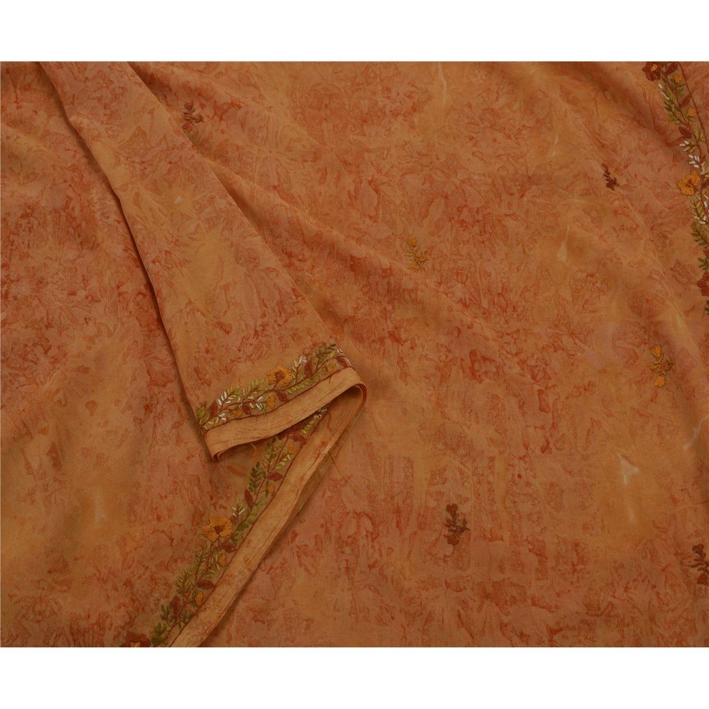 Sanskriti Vintage Georgette Sari Fabric: Hand Embroidered Orange Floral 5Yd Crafters & Upcyclers, Indian Eco-Friendly For DIY Projects