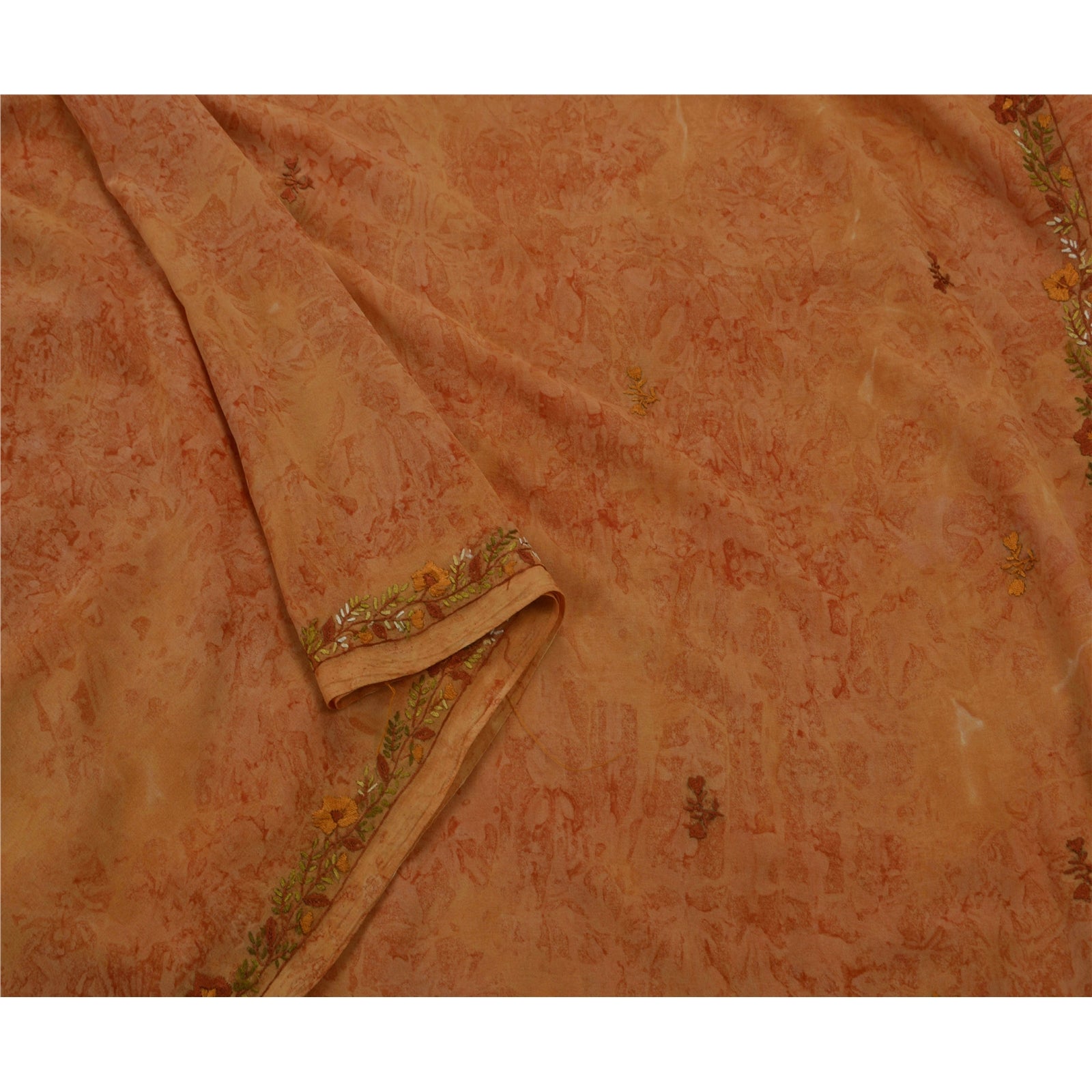 Sanskriti Vintage Georgette Sari Fabric: Hand Embroidered Orange Floral 5Yd Crafters & Upcyclers, Indian Eco-Friendly For DIY Projects