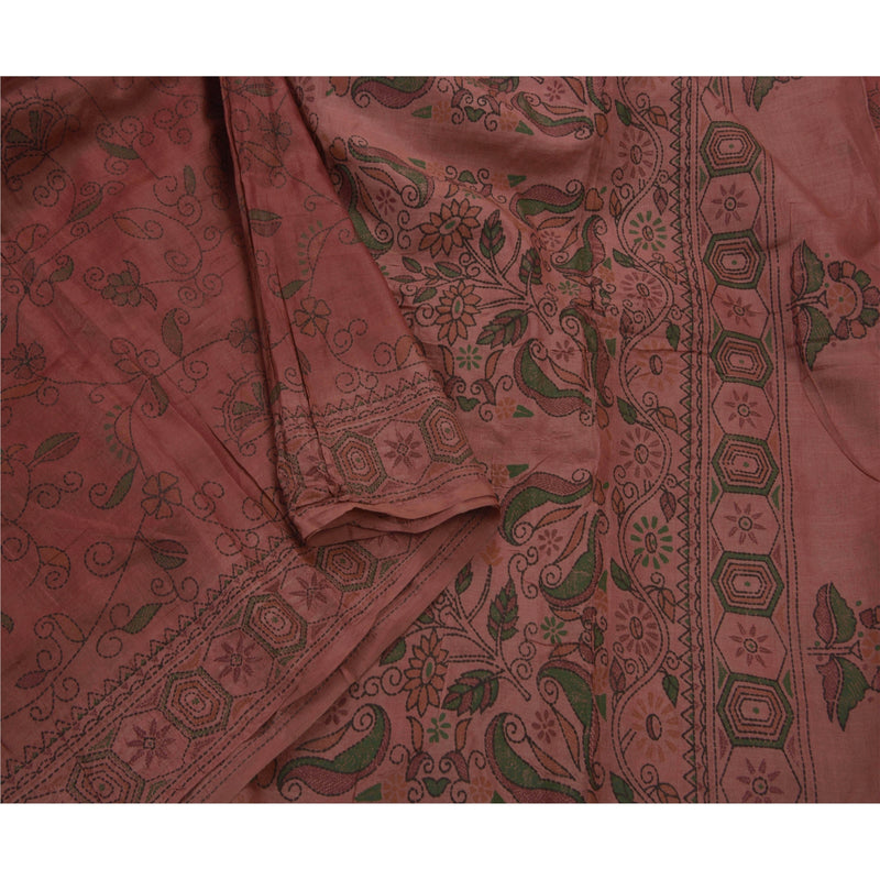 Sanskriti Vintage Sari 100% Ren Silke Malet Fersken Bæredygtigt Stoff Håndlavet Blomstersari