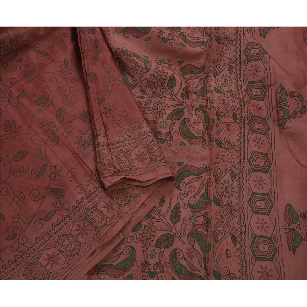 Sanskriti Vintage Saree 100% Pure Silk Painted Peach Fabric Craft Floral Sari