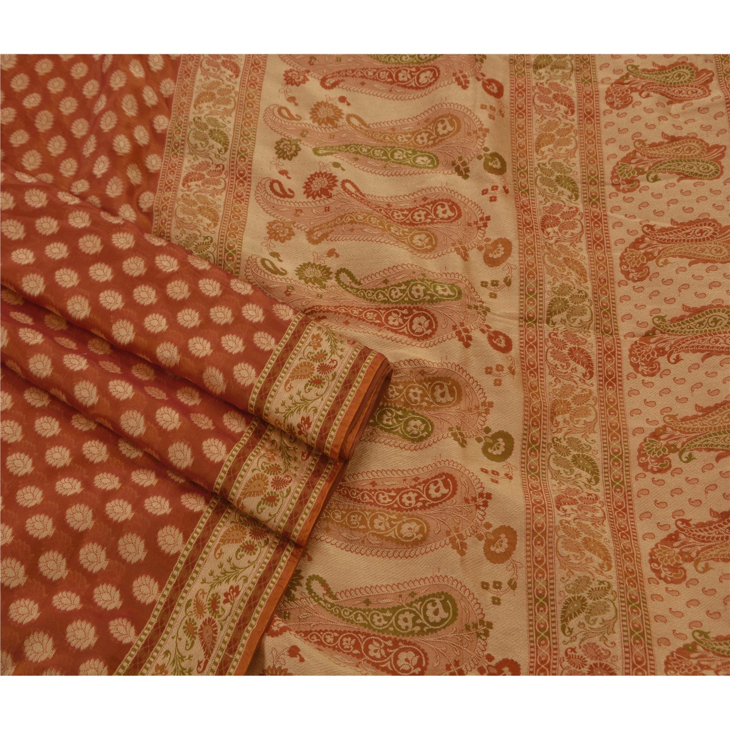 Sanskriti Vintage Saree Art Silk Woven Brown Craft Sustainable Fabric Premium 5 Yard Sari