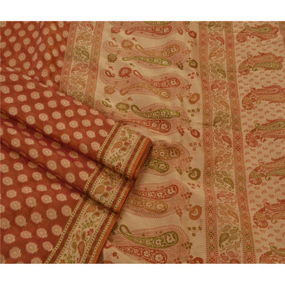 Sanskriti Vintage Saree Art Silk Woven Brown Craft Sustainable Fabric Premium 5 Yard Sari