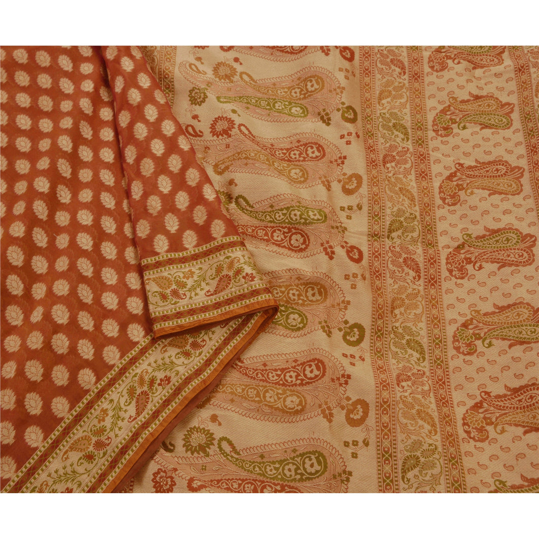 Sanskriti Vintage Saree Art Silk Woven Brown Craft Fabric Premium 5 Yard Sari