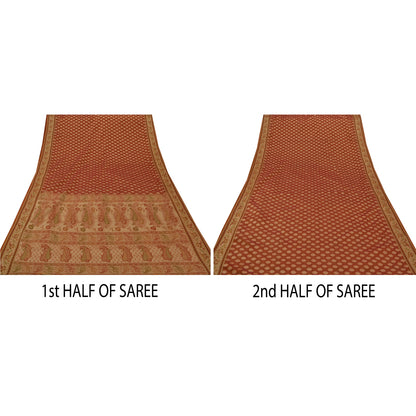 Sanskriti Vintage Saree Art Silk Woven Brown Craft Sustainable Fabric Premium 5 Yard Sari