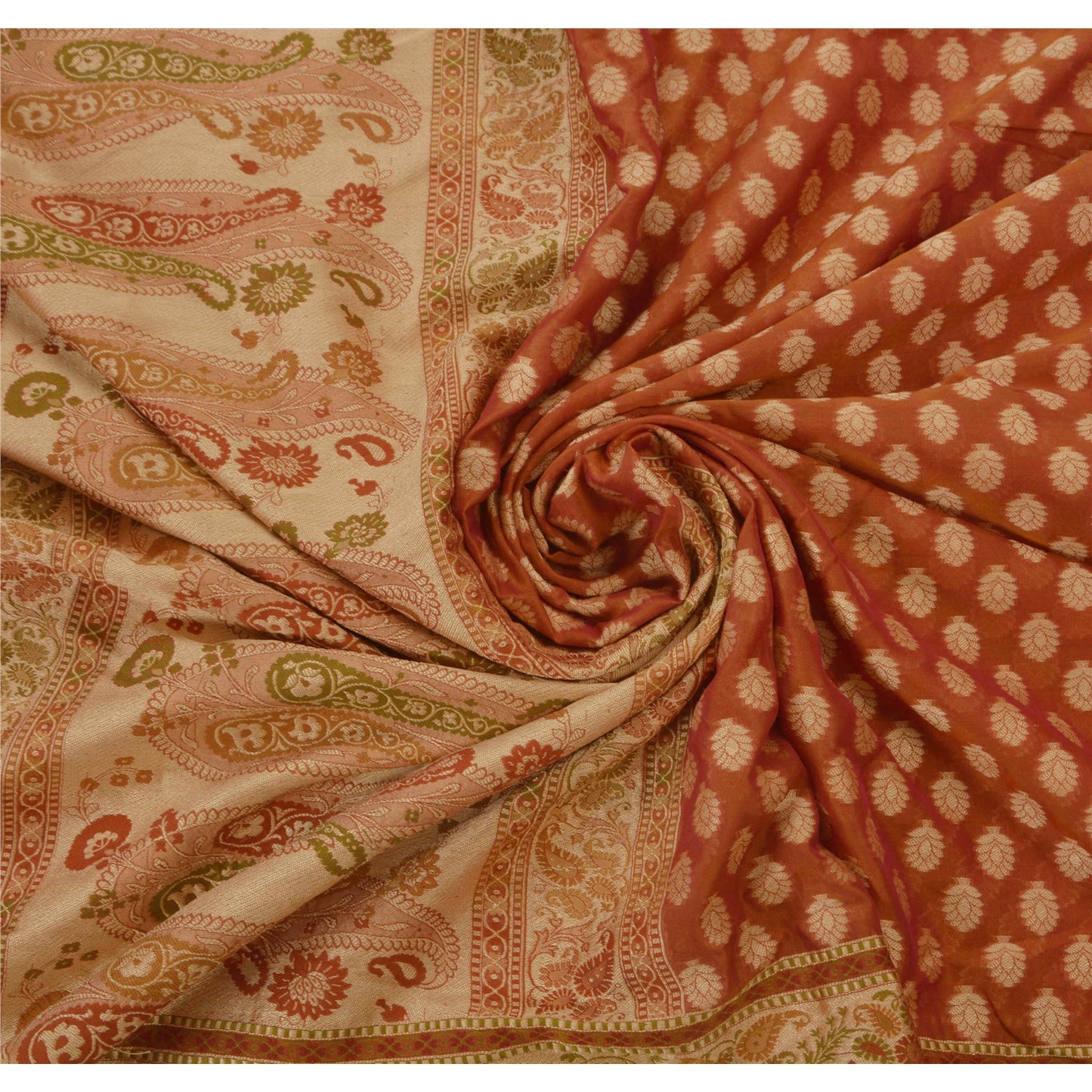 Sanskriti Vintage Saree Art Silk Woven Brown Craft Sustainable Fabric Premium 5 Yard Sari