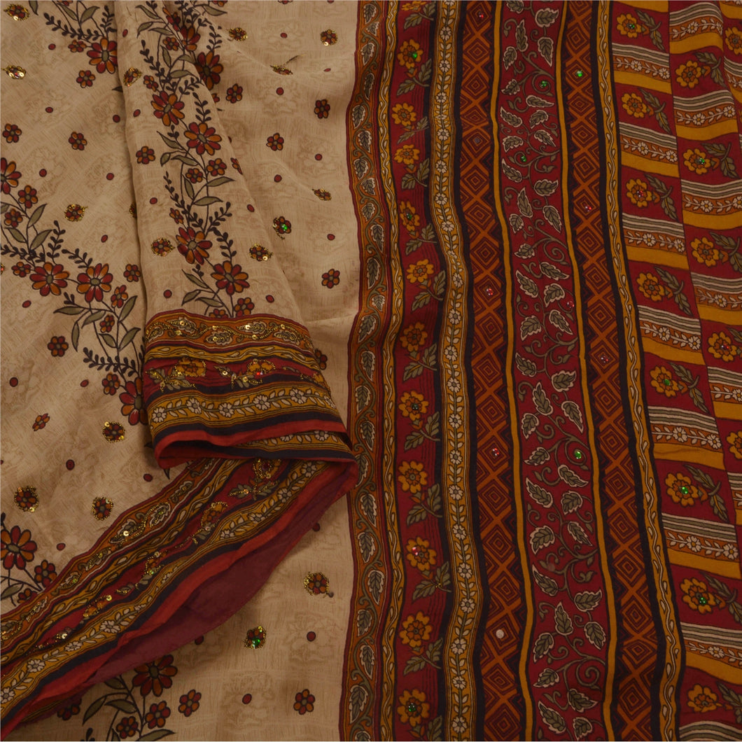 Vintage Saree 100% Pure Crepe Silk Hand Beaded Cream Fabric Premium Sari