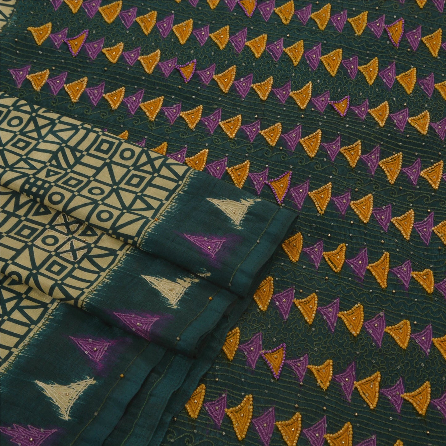 Санскрити Винтаж Антикварное Сари Искусство Шелк Ручная Вышивка Экологичная Ткань Премиум 5Yd Сари