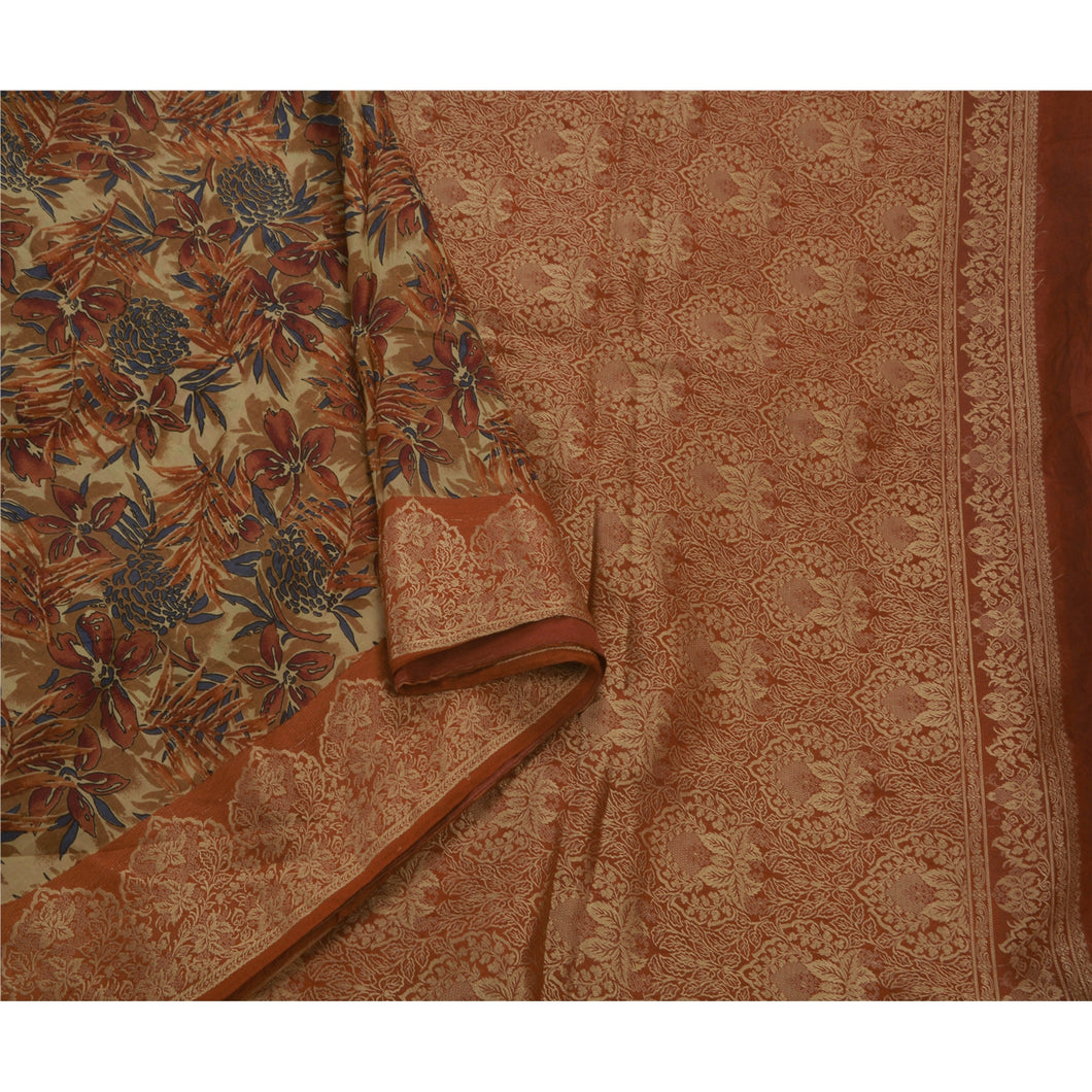 Saree 100% Pure Silk Woven Cream Craft Fabric 5 Yard Sari
