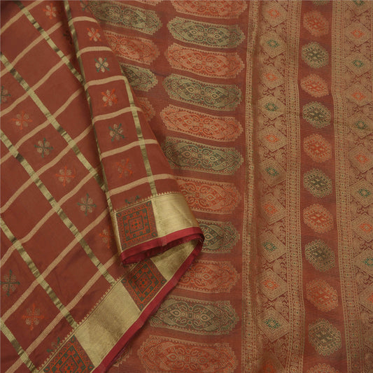 Санскритское винтажное сари из искусственного шелка, парча, коричневая, экологически чистая ткань, премиум-класса, 5 ярдов