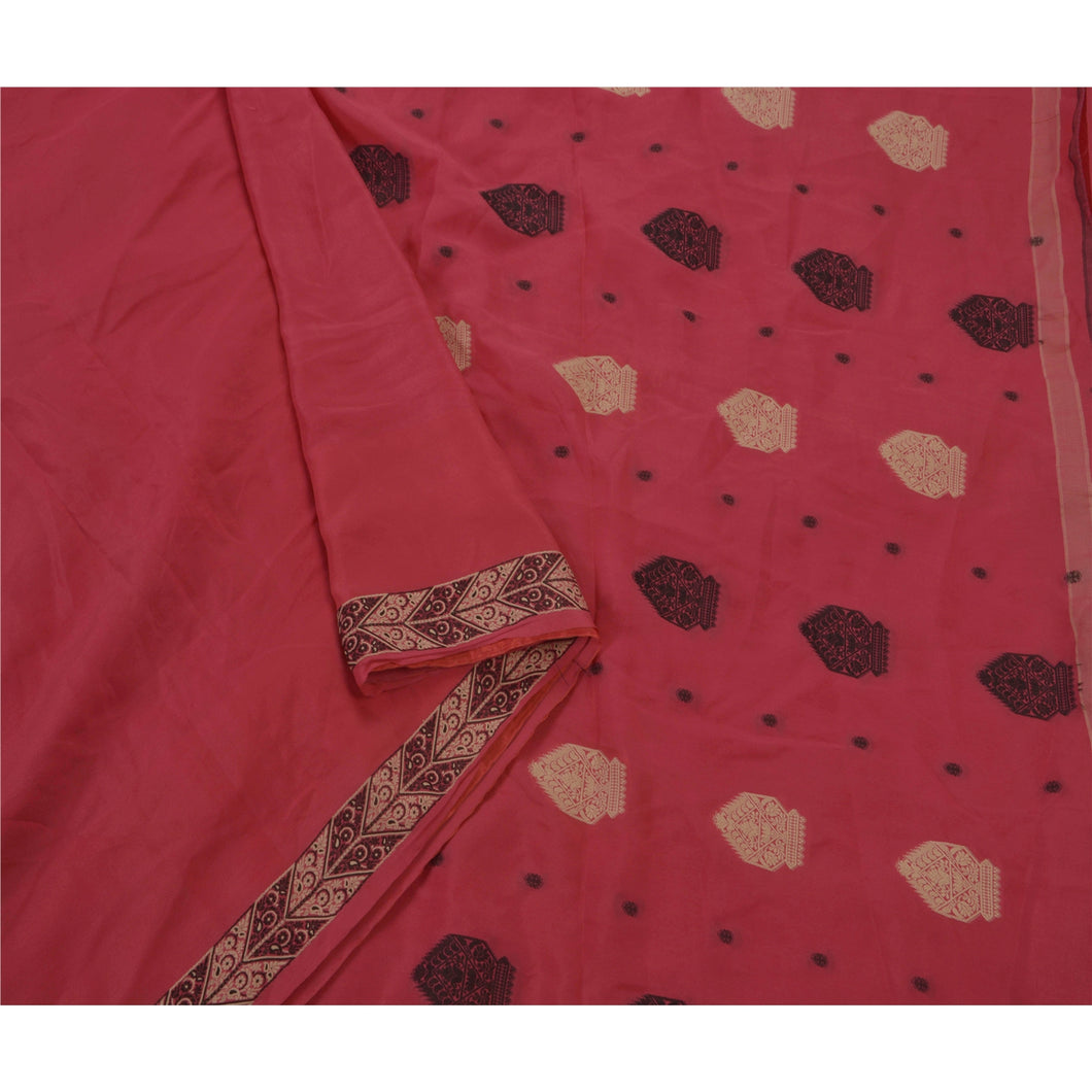 Antique Saree 100% Pure Silk Woven Pink Craft Fabric 5 Yd Sari
