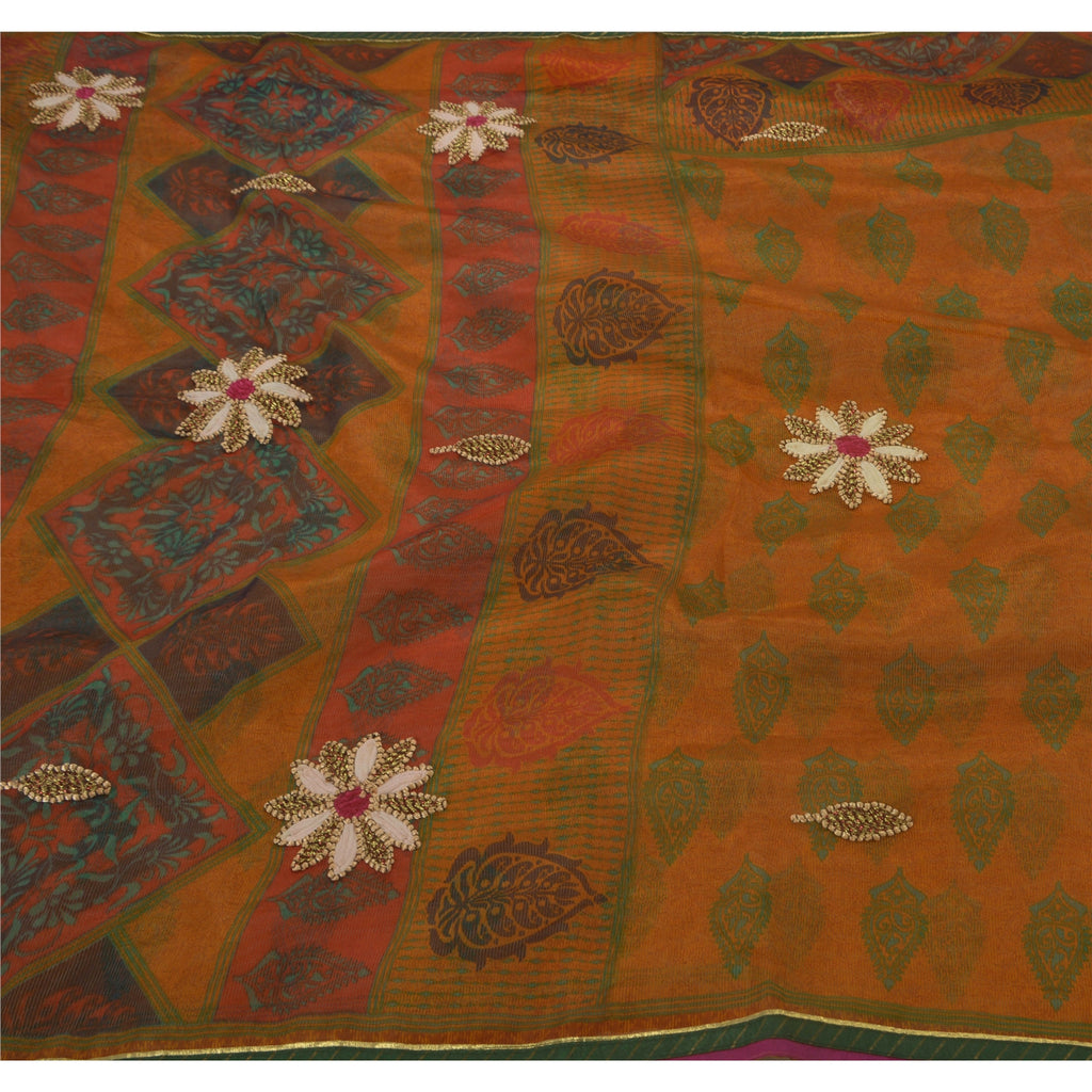 Sanskriti Vintage Saree Orange Art Silk Saree Embroidered Dori Work & Painted 5.5+Yard Fabric For Crafting, Upcycling, or Even Wearing