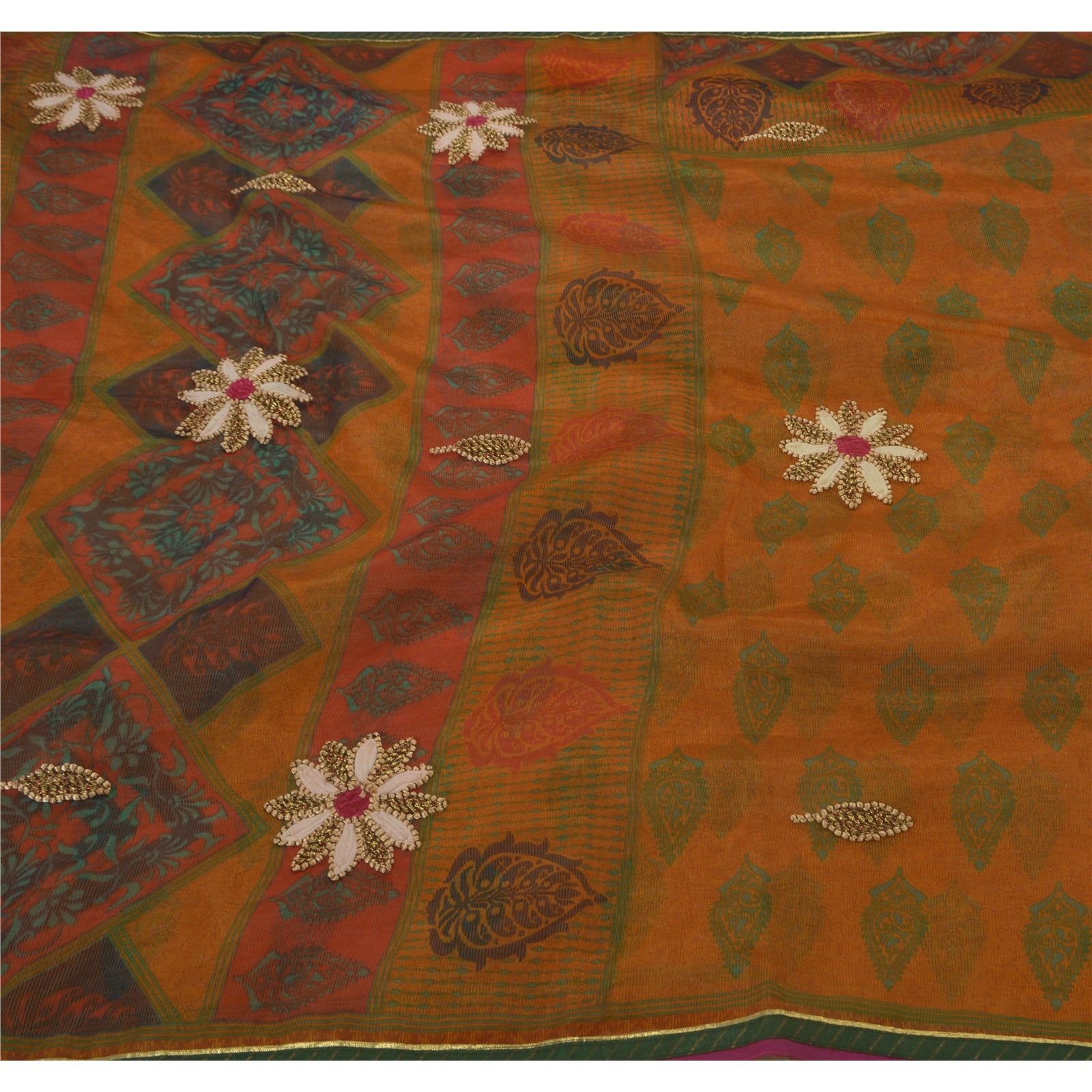 Sanskriti Vintage Saree Orange Art Silk Saree Embroidered Dori Work & Painted 5.5+Yard Fabric For Crafting, Upcycling, or Even Wearing