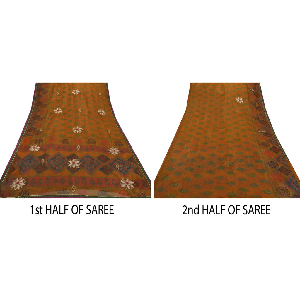 Sanskriti Vintage Saree Orange Art Silk Saree Embroidered Dori Work & Painted 5.5+Yard Fabric For Crafting, Upcycling, or Even Wearing