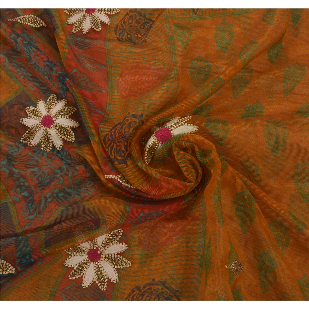 Sanskriti Vintage Saree Orange Art Silk Saree Embroidered Dori Work & Painted 5.5+Yard Fabric For Crafting, Upcycling, or Even Wearing