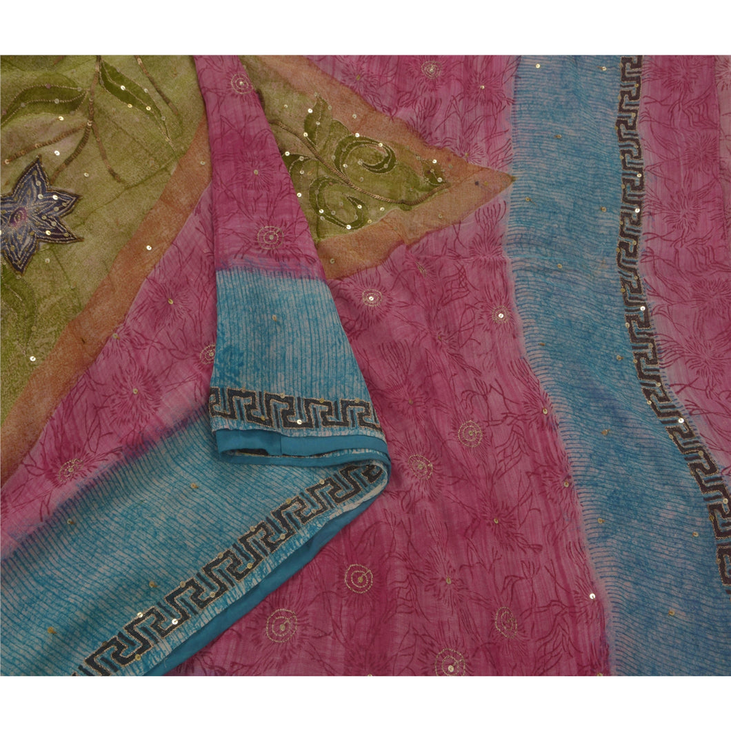 Saree Blend Georgette Hand Beaded Fabric Premium 5Yd Sari Pink