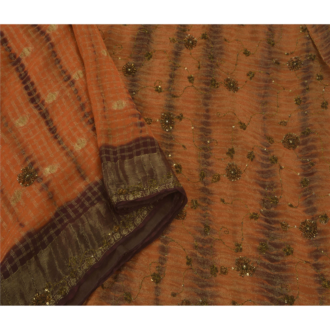 Sanskriti Vintage Orange Leheria Saree Blend Georgette Hand Beaded Fabric Sari