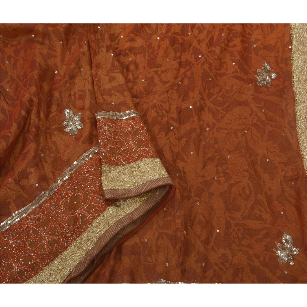 Vintage Saree 100% Pure Georgette Silk Hand Beaded Fabric Premium 5 Yd Sari