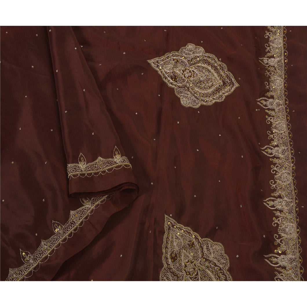 Sanskriti Vinatage Saree Art Silk Hand Beaded Brown Fabric Premium 5 Yd Sari