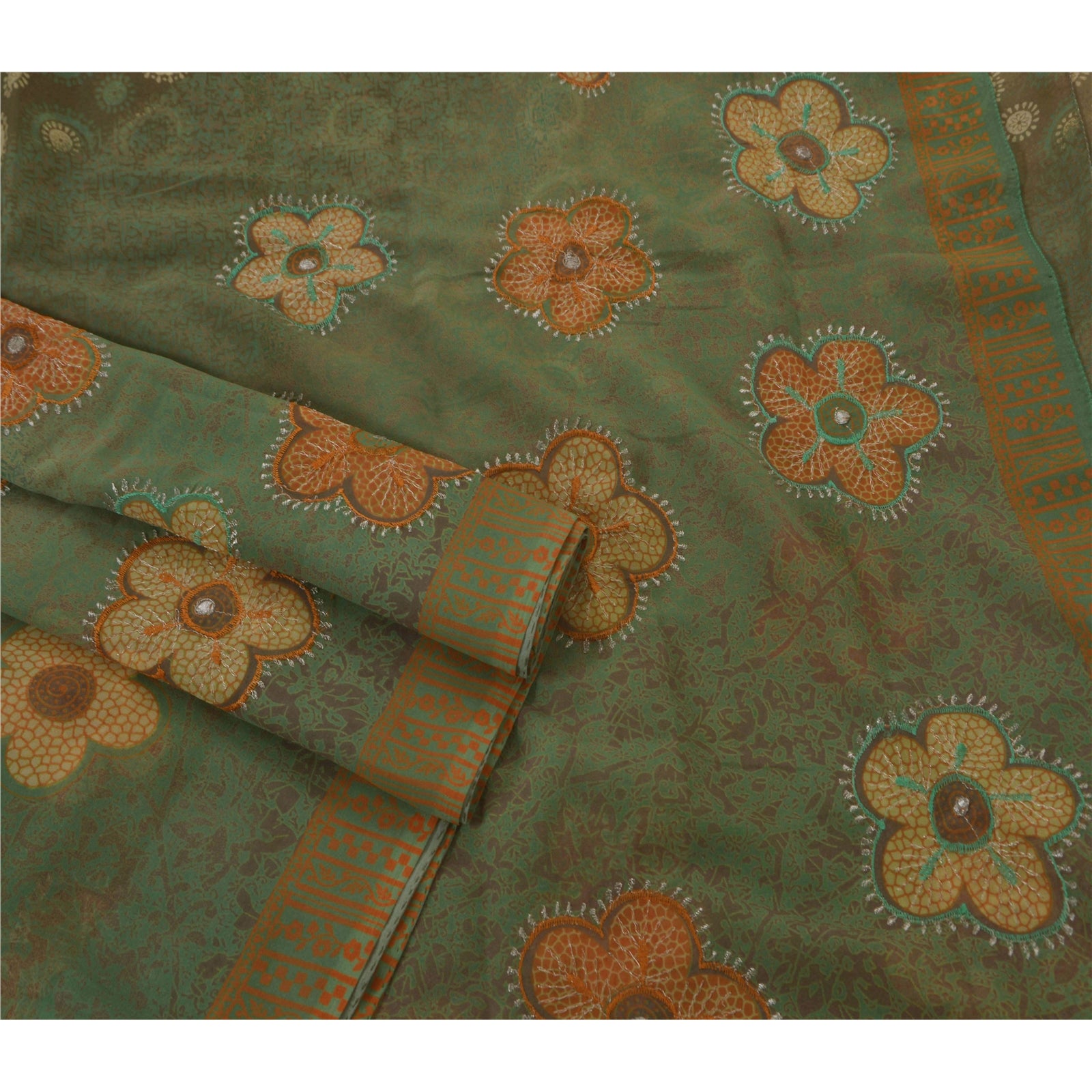 Sanskriti Vintage Sari Georgette Broderet Grønt Bæredygtigt Stof Premium 5 Yard Sari 