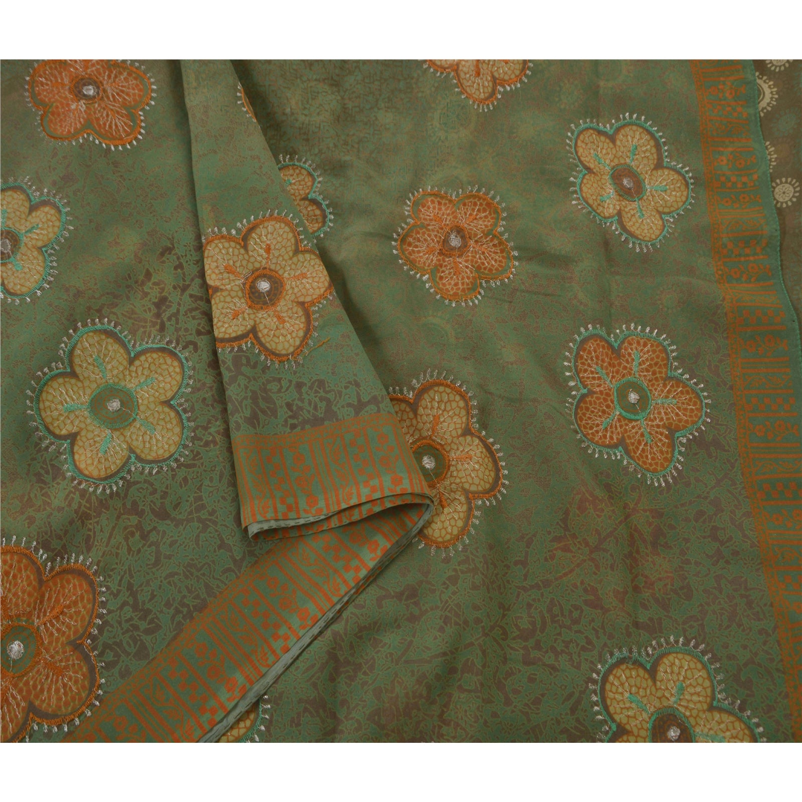 Sanskriti Vintage Sari Georgette Broderet Grønt Bæredygtigt Stof Premium 5 Yard Sari 