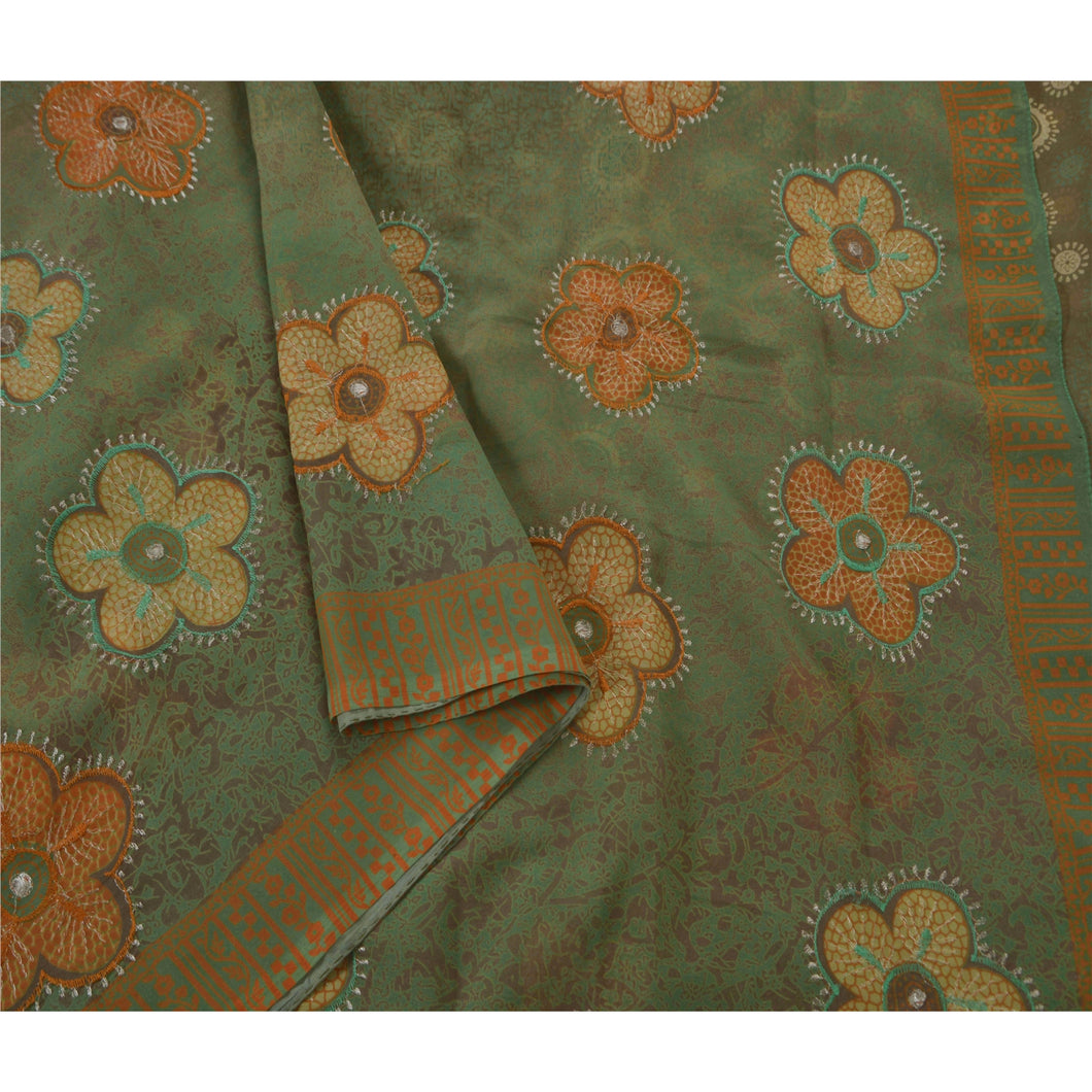 Sanskriti Vintage Saree Georgette Embroidered Green Fabric Premium 5 Yd Sari