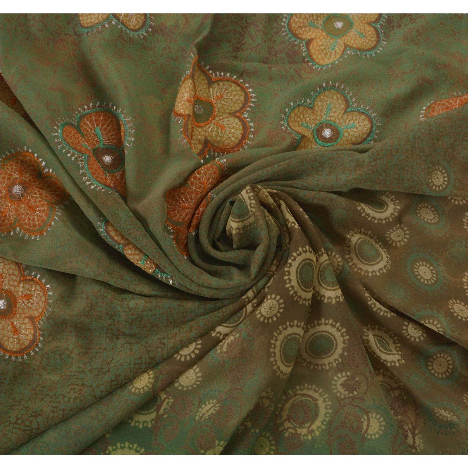 Sanskriti Vintage Sari Georgette Broderet Grønt Bæredygtigt Stof Premium 5 Yard Sari 