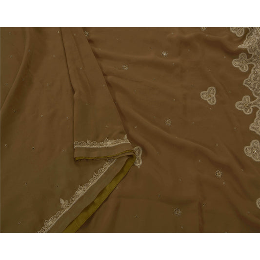 Sanskriti Vintage Saree Georgette Hand Beaded Green Sustainable Fabric Ethnic 5YD Sari