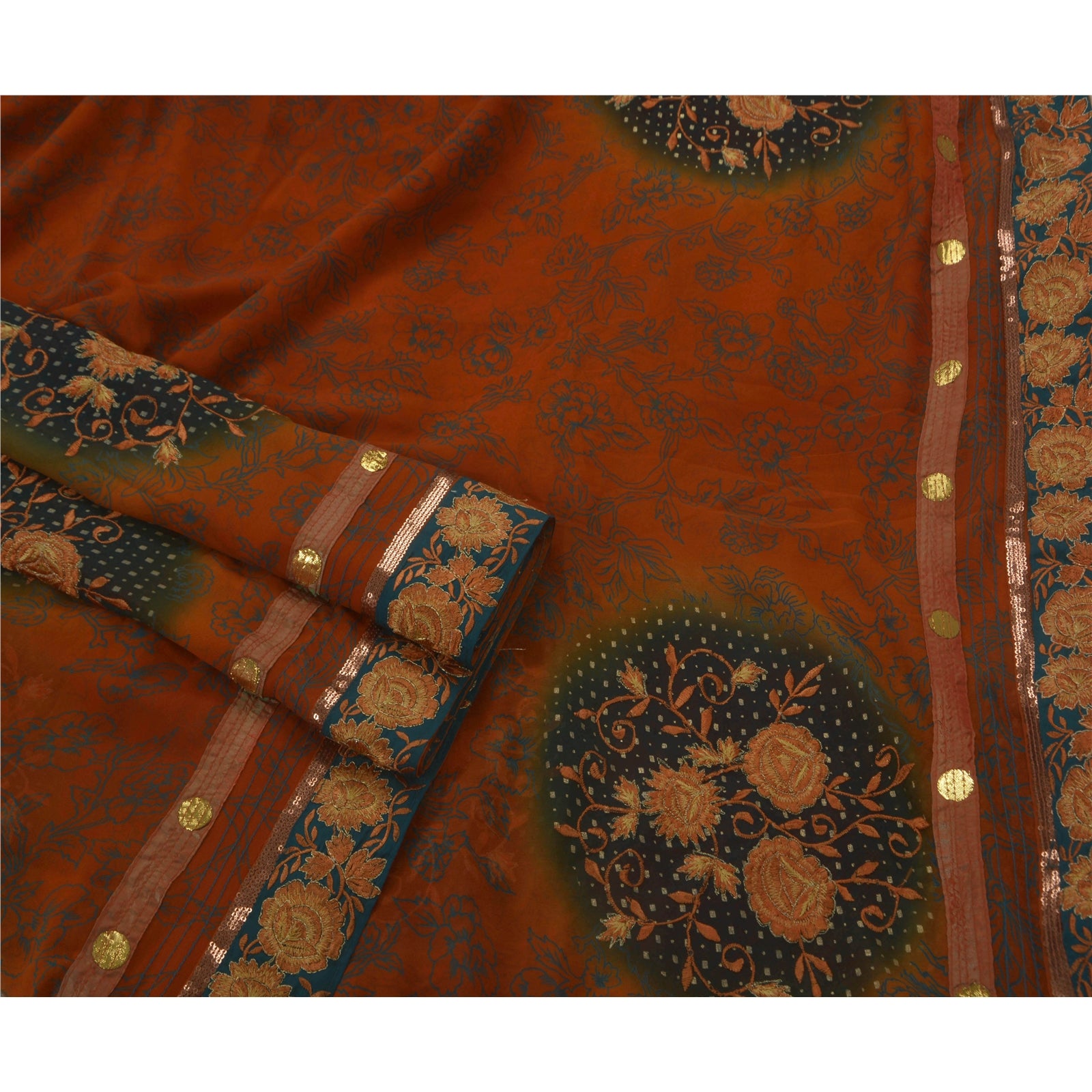 Sanskriti Vintage Antique Sarees Georgette Embroidery Orange Sustainable Fabric Premium Sari