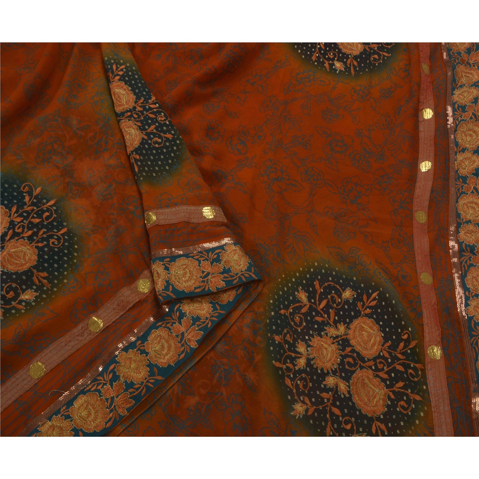 Sanskriti Vintage Antique Sarees Georgette Embroidery Orange Sustainable Fabric Premium Sari